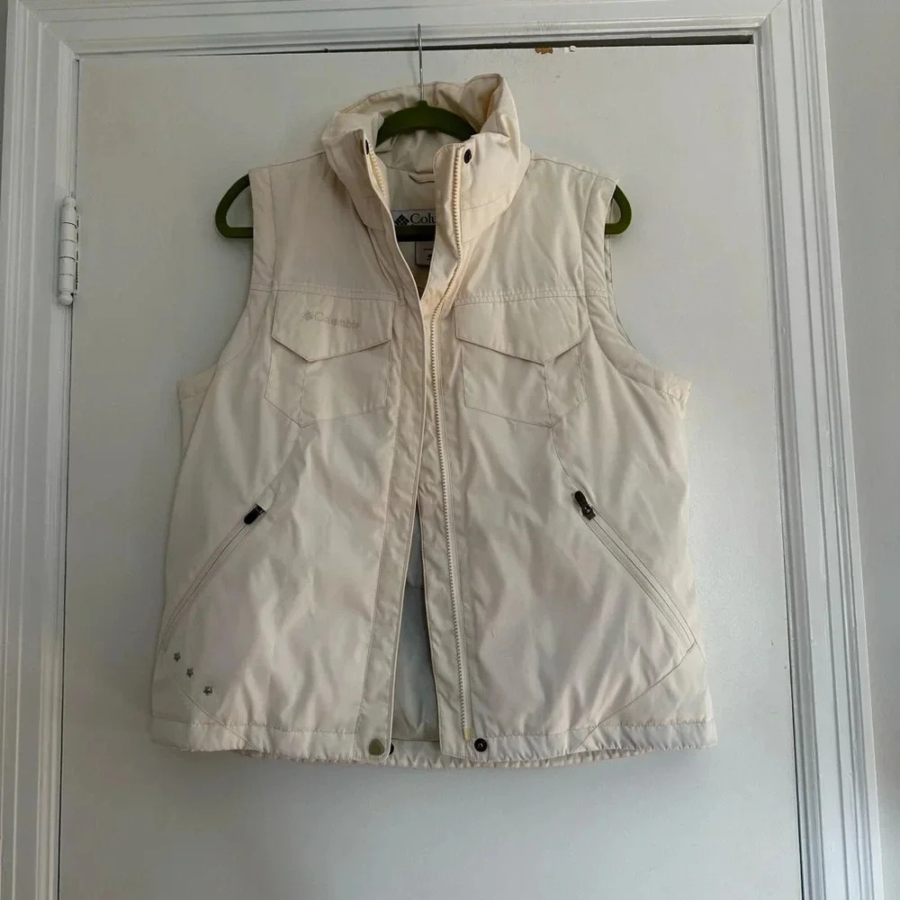 Columbia Down Feather Puffer Vest Women's Ivory Zip Pockets Outdoor. Sz: M.